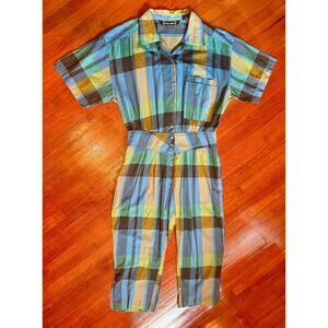 Vintage 90’s Style & Smile Green Blue Plaid Cotton Outfit One Piece Med Jumpsuit